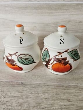 Vtg Mid-Century Hand-Painted Persimmon Fruit Salt  Pepper Shakers Our Own Import
